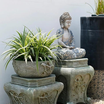 16.9″ Garden Buddha Statue - Durable Magnesium Oxide - Flower Seated Theme